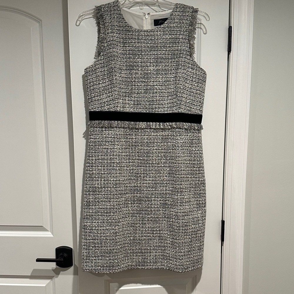 JCrew Gray Tweed Dress with Black Waist Fringe Detail